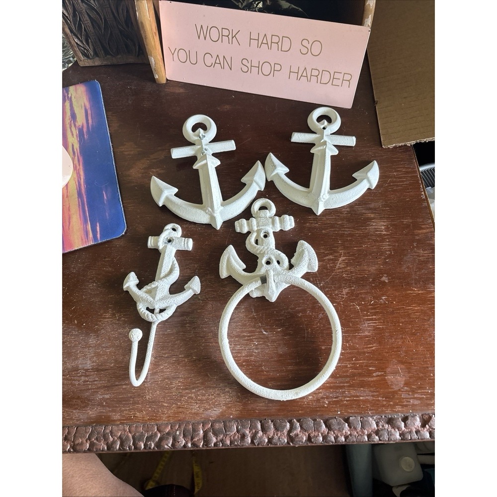 Metal Cast Iron Nautical Anchors Wall Coat Rack & Hooks White Set Of 4